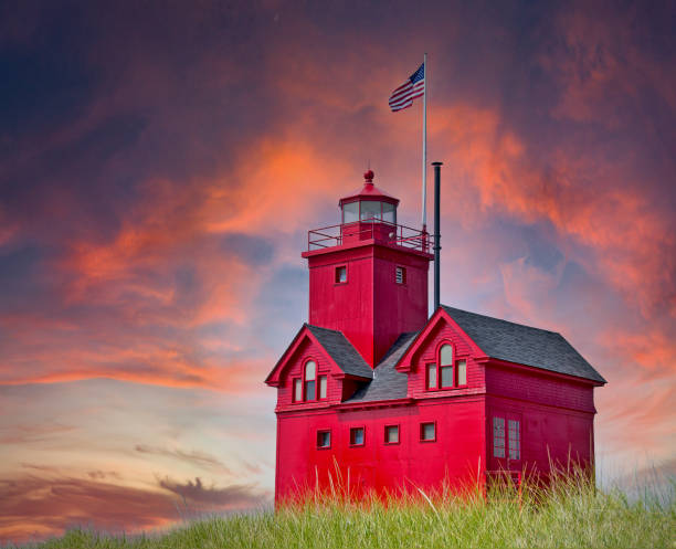 Red Michigan Lighthouse and Sunset Sky