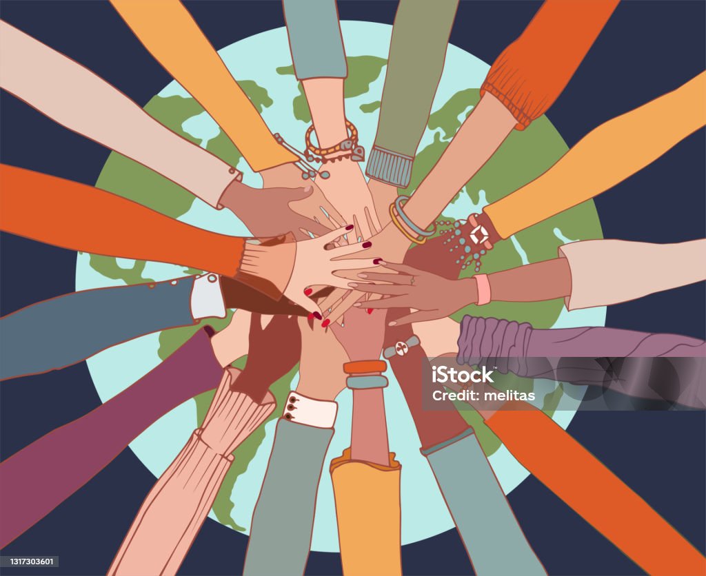 People diversity. Arms and hands on top of each other on the globe.People of diverse race culture ethnicity and country.Integration.Coexistence.Multicultural society. Agreement.Community Concept integration between people of different race ethnicity and culture. Coexistence between peoples of different countries. Multiethnic and multicultural people. Diversity people. Understanding and harmony between people of different nationalities. Community concept. Togetherness and peace Globe - Navigational Equipment stock vector