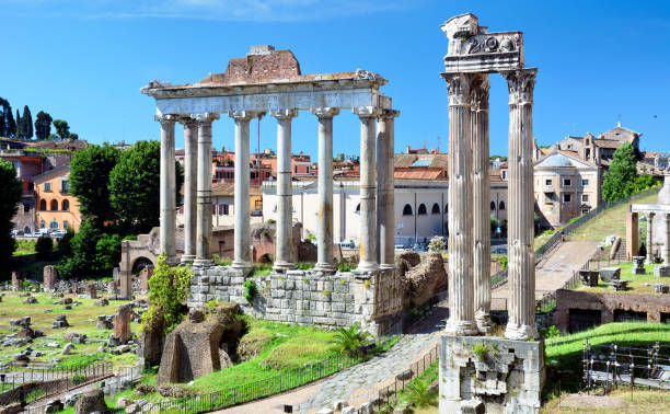 The ruins of the Temple of Saturn in the Roman Forum, Italy. Composite photo