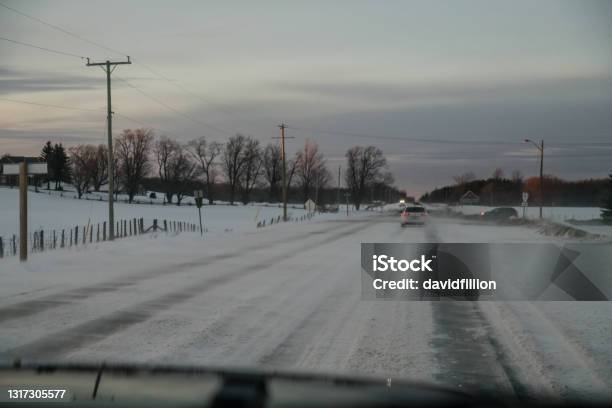 Winter Landscape Driving In A Snow Squall Stock Photo - Download Image Now - Snow, Squall, Accidents and Disasters