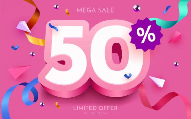 Vector illustration of 50 percent Off. Discount creative composition. 3d mega sale symbol with decorative objects. Sale banner and poster.