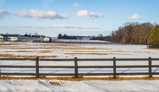 Winter Landscape - Farm Field covered in Snow with Trees and a Fence