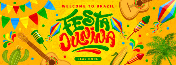 Festa Junina Banner Template With Calligraphy Lettering Festa Junina Brazil Festival banner template. Folklore holiday. Festa Junina calligraphy lettering with colorful flags garlands, paper lantern, fireworks on yellow background. Vector illustration. guitar designs stock illustrations