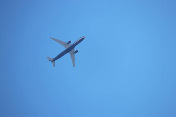 istock Airplane flying on clear blue sky background 1317306805