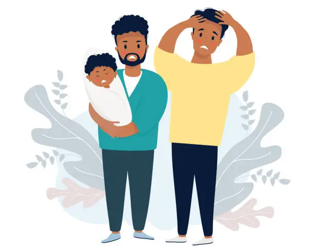 Vector illustration of Ethnic male couple with a baby. Two sad and frightened men are holding a crying newborn. Vector illustration. LGBT family with newborn son, stressful situation