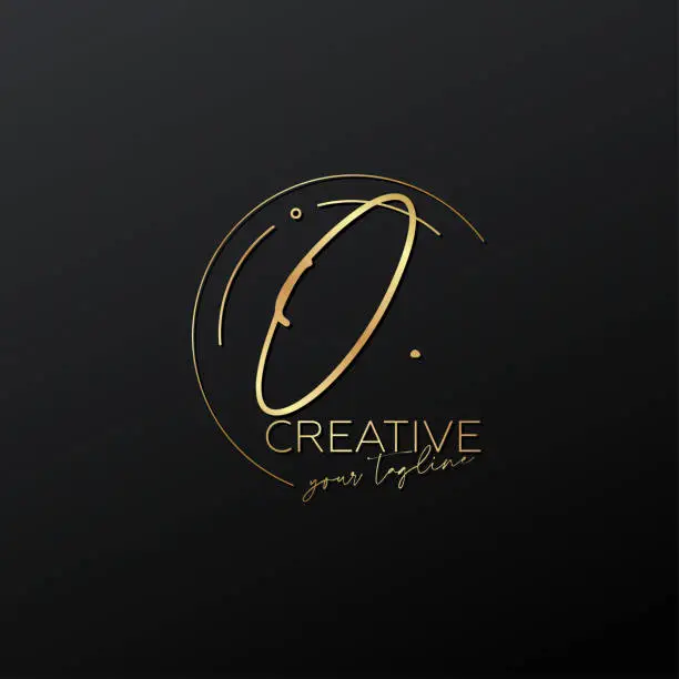 Vector illustration of O letter calligraphy minimal monogram emblem style vector logo. Gold color and black background.