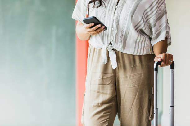 istock Unrecognizable woman grips suitcase while looking at smart phone 1317309319