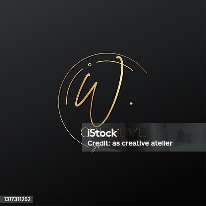 istock W letter calligraphy minimal monogram emblem style vector logo. Gold color and black background. 1317311252