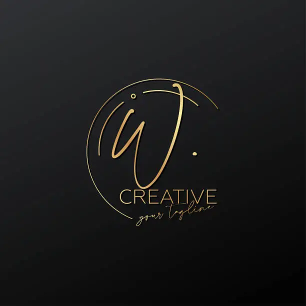 Vector illustration of W letter calligraphy minimal monogram emblem style vector logo. Gold color and black background.