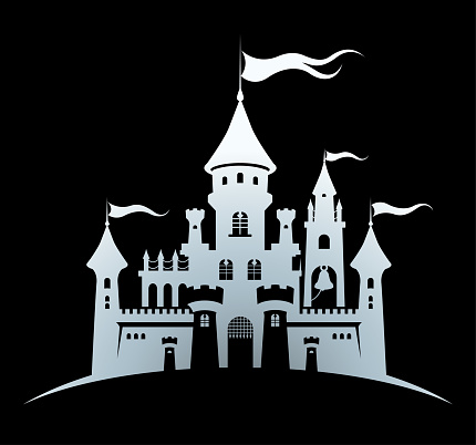 Castle silver silhouette standing on the hill. Abstract fairy tale fortress on black background. Cartoon vector illustration. Child accessories, travel, tourism, fantasy design element or apparel, fabric print