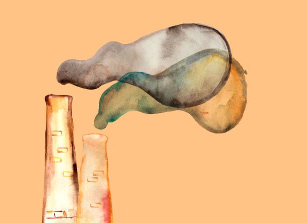 Watercolor chimney factory pollution illustration Factory rejecting smoke from black cloud. Production building in watercolor, painting. persistent organic pollutants stock illustrations