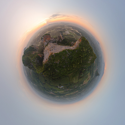 Little planet 360 degree sphere. Panorama of Khao Kuha at Songkhla. Mountain hill with green forest trees. Nature landscape background in Thailand. Huangshan mountain.