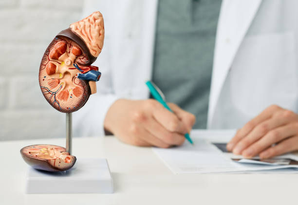 腎臓の健康の概念。泌尿器科の医師のテーブルの上の人間の腎臓の�クローズアップ、解剖モデル - anatomical model ストックフォトと画像
