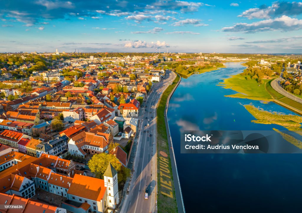 Kaunas old town view with red roof tops and Nemunas river on the right Aerial view of a sunny day in Kaunas city Lithuania Stock Photo