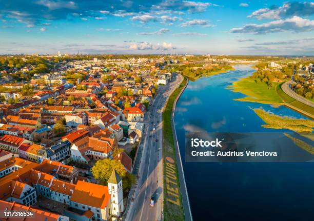 Kaunas Old Town View With Red Roof Tops And Nemunas River On The Right Stock Photo - Download Image Now