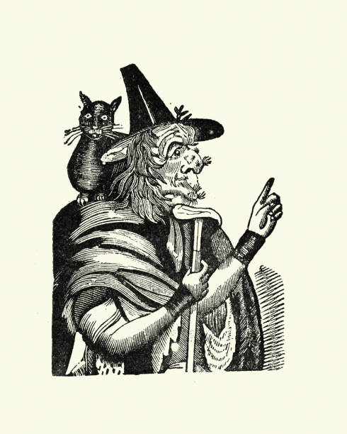 Witch with black cat sat on her shoulder, 18th Century woodcut Vintage illustration of Witch with black cat sat on her shoulder, 18th Century woodcut cat witch stock illustrations