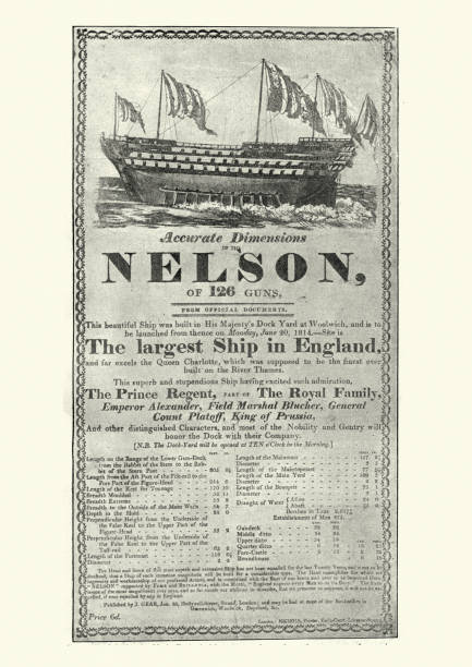 Vintage poster showing HMS Nelson (1814), Royal Navy 126-gun first rate ship of the line Vintage illustration of Vintage poster showing HMS Nelson (1814), Royal Navy 126-gun first rate ship of the line 1814 stock illustrations