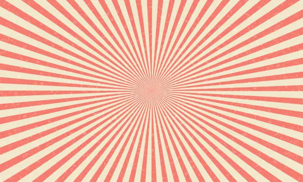 Vector illustration of Vintage circus vector background. Sunbeams retro grunge poster. Comic red radial burst backdrop. Old striped illustration