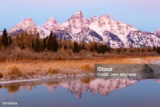 Early Morning Tetons Mountains With Reflection Stock Photo - Download Image Now - Teton Range, Autumn, Snow