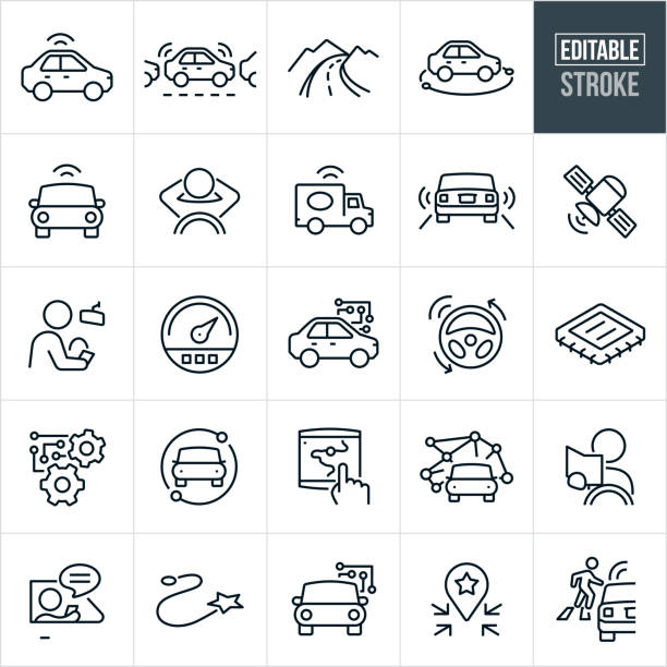 Self-Driving Vehicles Thin Line Icons - Editable Stroke A set of autonomous vehicles icons that include editable strokes or outlines using the EPS vector file. The icons include autonomous vehicles, self-driving cars, a self-driving car in traffic, an open road, person relaxing behind the wheel of an autonomous car, autonomous delivery truck, satellite, computer chip, self-driving car control center, GPS, person reading a book while driving in an autonomous car and other related icons. driving stock illustrations