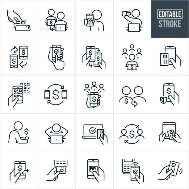 デジタルおよびオンライン支払い細線アイコン - 編集可能ストローク - peer to peer illustrations点のイラスト素材／クリップアート素材／マンガ素材／アイコン素材