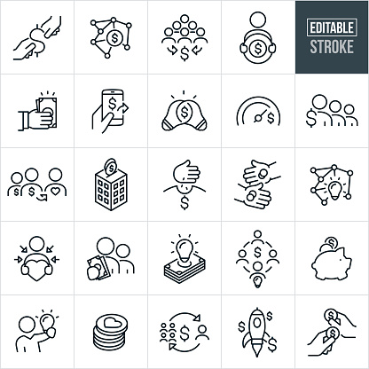 A set of crowdfunding icons that include editable strokes or outlines using the EPS vector file. The icons include crowdfunding, a crowd of people paying, hands exchanging money, people paying, a person with an idea being paid, venture capital, people crowdfunding for charity or a cause, hand paying cash, light bulbs combining with a dollar sign, people paying, hands with coins, online crowdfunding, stack of cash with a lightbulb, piggy bank accepting coins, stack of coins for charity, start-up business raising funds via crowdfunding and other related icons.