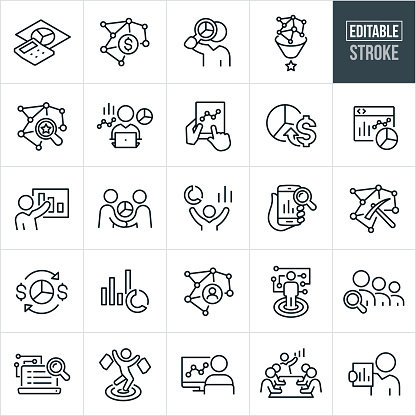 A set of business intelligence and big data icons that include editable strokes or outlines using the EPS vector file. The icons include data mining, calculator with pie chart, network of data with dollar sign, monetizing data, business person with magnifying glass searching data, big data being filtered down, data search, statistician at computer collecting and analyzing data, data analysis, business information, data processing, analytics, big data, data mining, business person presenting data, data search using smartphone, data search using laptop, target customer, business presentation in boardroom displaying data graph and other related icons.