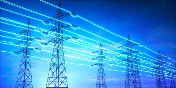 Energy export, energy prices increase concept with energy prices graphs, high voltage electric power lines and finance and economy graphs