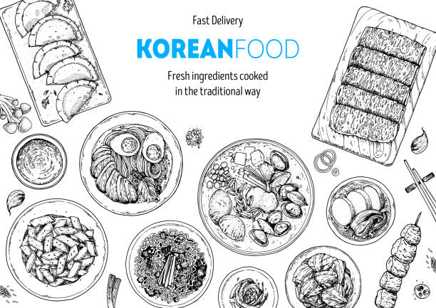 Korean food top view illustration. Hand drawn sketch. Ramen, kimchi, noodles, skewers, tteokbokki. Korean street food, take away menu design. Vector illustration. Black and white. Engraved style. Korean food top view illustration. Hand drawn sketch. Ramen, kimchi, noodles, skewers, tteokbokki. Korean street food, take away menu design. Vector illustration. Black and white. Engraved style korean food stock illustrations