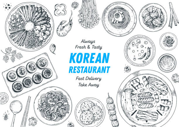 Korean food top view illustration. Hand drawn sketch. Bibimbap, kimchi, kimbap, noodles, skewers. Korean street food, take away menu design. Vector illustration. Korean food top view illustration. Hand drawn sketch. Bibimbap, kimchi, kimbap, noodles, skewers. Korean street food, take away menu design. Vector illustration korean food stock illustrations