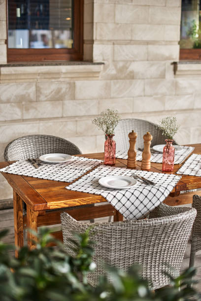 istock Served table at summer terrace cafe, time for breakfast or lunch 1317326032