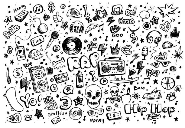 ilustrações de stock, clip art, desenhos animados e ícones de vector set of street dance and teen music. isolated elements drawn in the doodle style with a black line on a white background for the design template microphone, vinyl record, tape recorder, skateboard, music player - sports equipment illustrations