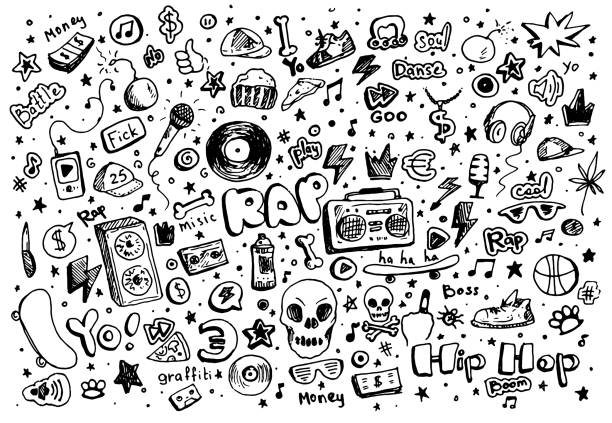 Vector set of street dance and teen music. isolated elements drawn in the doodle style with a black line on a white background for the design template microphone, vinyl record, tape recorder, skateboard, music player Cartoon set with black doodle set dancing streets. Doodle sketch style. Cartoon style. Hand drawing. Hand drawn style. Vector set. Vector graphic.Vector set of street dance and teen music. isolated elements drawn in the doodle style with a black line on a white background for the design template microphone, vinyl record, tape recorder, skateboard, music player microphone designs stock illustrations