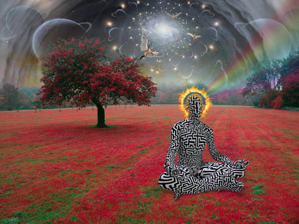 istock Meditation in surreal landscape 1317326866