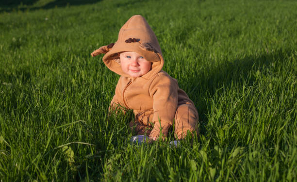 Baby boy sitting in green grass meadow