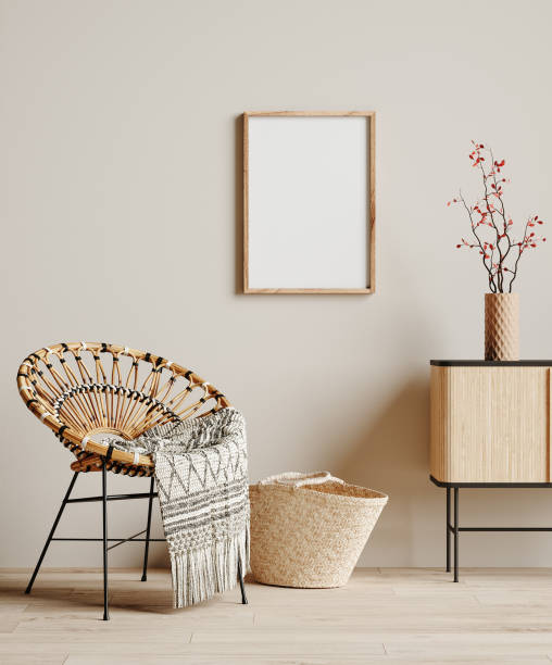istock Mock up frame in cozy beige home interior background, Boho style 1317327485