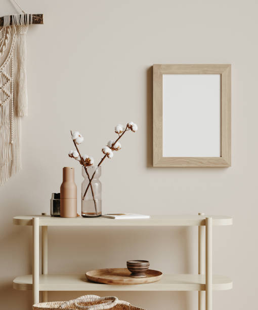 istock Mock up frame in cozy beige home interior background, Boho style 1317328182