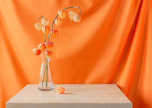 Still life with flowers. Bouquet of decorative physalis flowers in a glass vase on a wooden table against the background of an orange draped curtain. Home interior floral decor. Copy space, front view