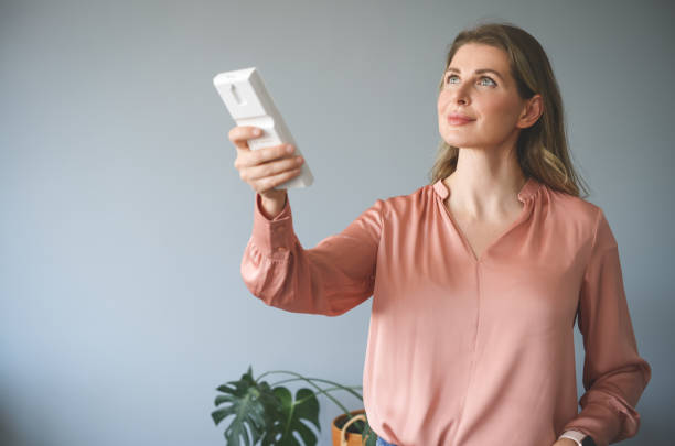 istock woman holding a remote control from the air conditioner 1317329040