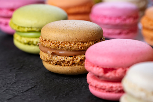 Multicolored Macaroons. Patisserie Stock Photo.