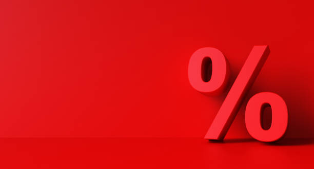 istock Percentage sign on red wall background, banner, copy space. 1317329369