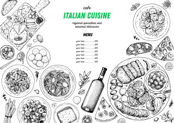 ilustrações de stock, clip art, desenhos animados e ícones de italian cuisine. top view. sketch illustration. italian food. design template. hand drawn illustration. black and white. engraved style. pasta and pizza, antipasto. authentic dishes. - italian appetizer