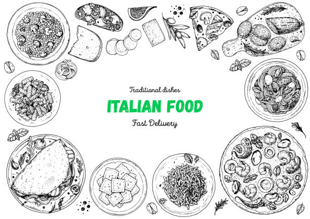 Italian Food. Top view. Sketch illustration. Italian cuisine. Design template. Hand drawn illustration. Black and white. Engraved style. Pasta and pizza, ravioli. Authentic dishes. Italian Food. Top view. Sketch illustration. Italian cuisine. Design template. Hand drawn illustration. Black and white. Engraved style. Pasta and pizza, ravioli. Authentic dishes. penne meatballs stock illustrations