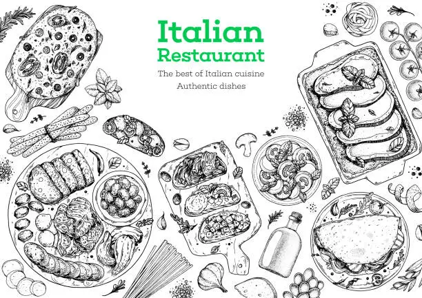 Vector illustration of Italian food menu sketches. Design template. Hand drawn illustration. Italian cuisine. Food sketch. Black and white. Engraved style.