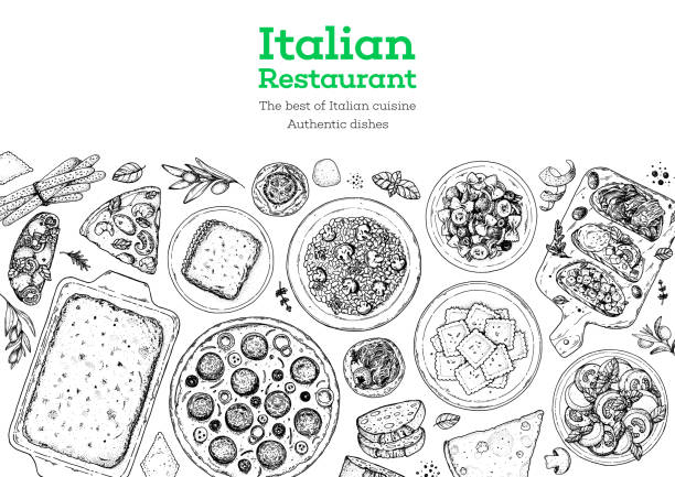 illustrazioni stock, clip art, cartoni animati e icone di tendenza di menu della cucina italiana. vista dall'alto. illustrazione di schizzo. cibo italiano. modello di progettazione. illustrazione disegnata a mano. bianco e nero. stile inciso. pasta e pizza, antipasto. piatti autentici. - salad food caprese salad gourmet