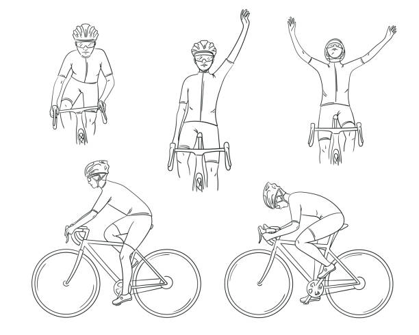 ilustrações, clipart, desenhos animados e ícones de ciclista em ação definido em estilo doodle desenhado à mão. esboçando motoqueiro em uma corrida de bicicleta do lado, na frente. competição, vitória no esporte. coleção de ilustração vetorial isolada em branco - sports helmet illustrations