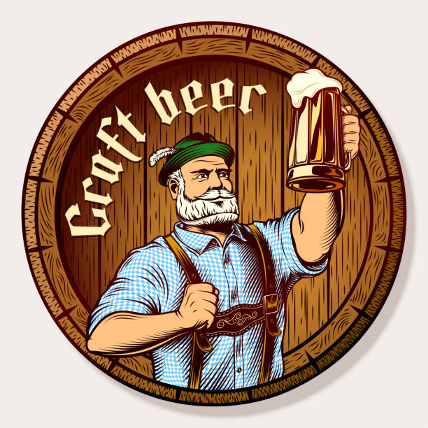 Bavarian man holds glass of beer near wooden barrel. Traditional Beer Fest clothes Trachtenhut, Lederhosen, plaid Shirt. Gothic lettering Craft beer. Vector art illustration in retro engraving style german beer stock illustrations