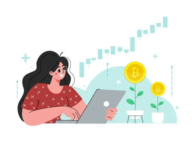 Vector illustration of The girl sits at the laptop.The woman invest in bitcoin stock market.Rising rate, income profit,more money.Vector flat illustration.