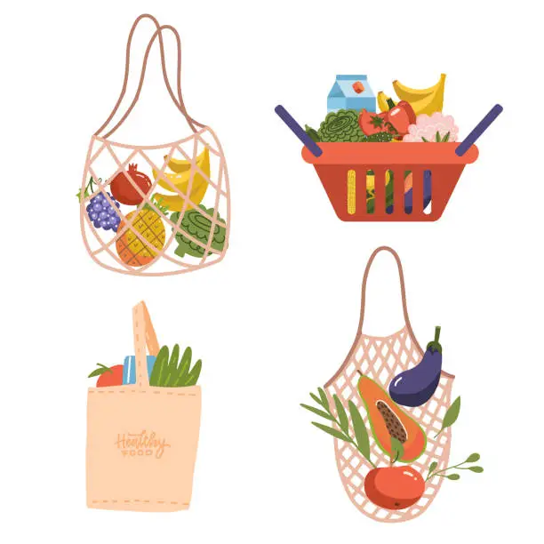 Vector illustration of Shopping eco bags and basket set. Grocery purchases, paper and plastic packages, turtle bags with products. Natural food, organic fruits and vegetable. Department store goods. Flat vector illustration