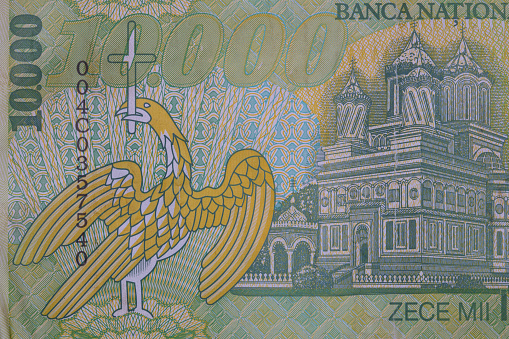 Fragment of 10000 Romanian lei banknote, 1999 Series - polymer, for design purpose